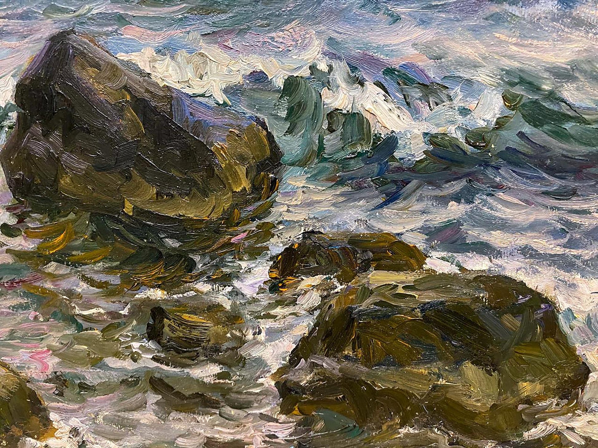 Oil painting by Surf Basov Yakov Aleksandrovich: textured dark green rock in turbulent ocean waves