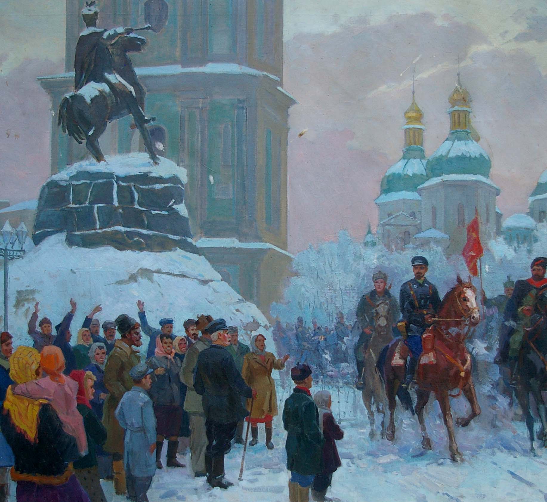Oil painting of Yablonovskiy Petr Antonovich equestrian statue on snowy pedestal, Red Square