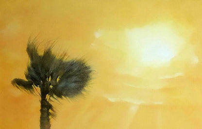 Oil painting Egypt Korkishko Vasily: dark palm tree silhouette on golden sky