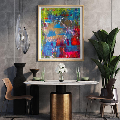 Vibrant acrylic painting Start Melezhik Olga in light wood frame with bold green blue red gold splashes