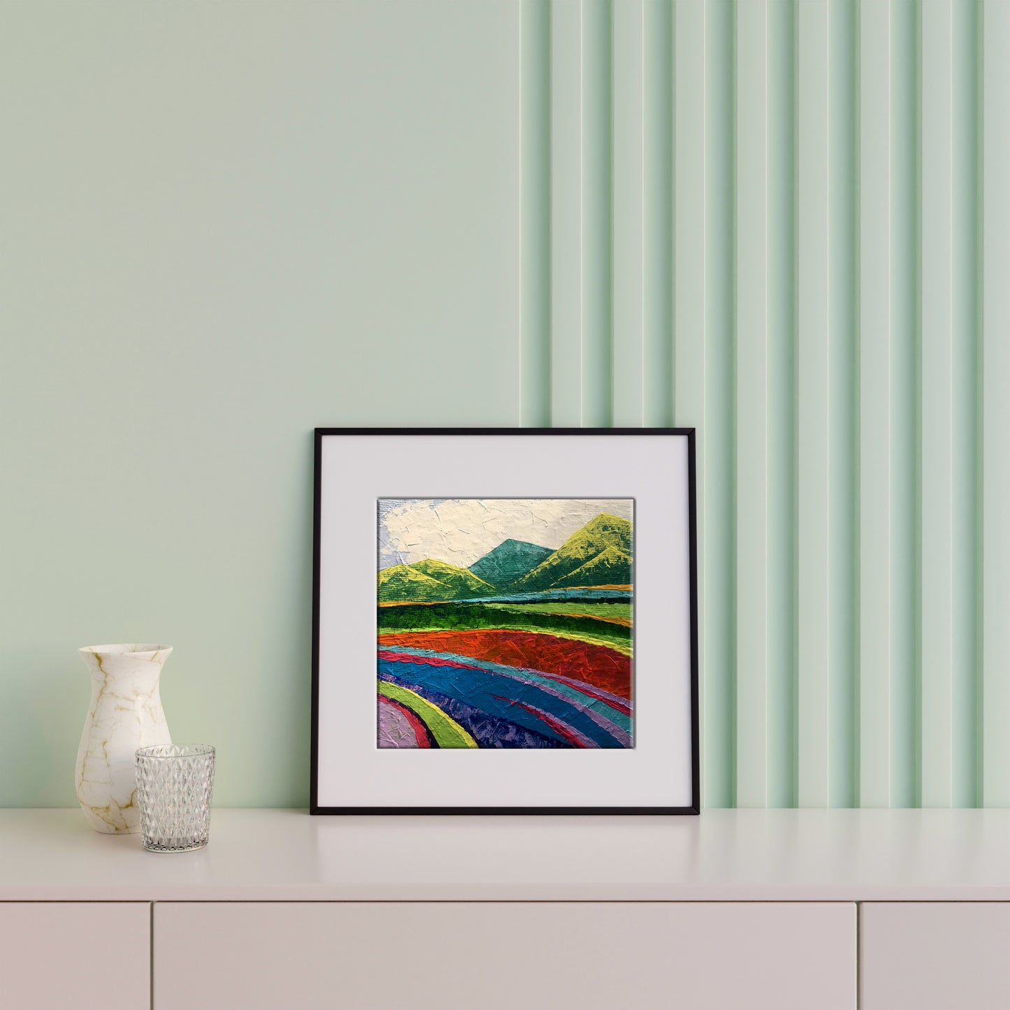 Oil painting Big mountains V. Zadorozhnya in black frame with white matting