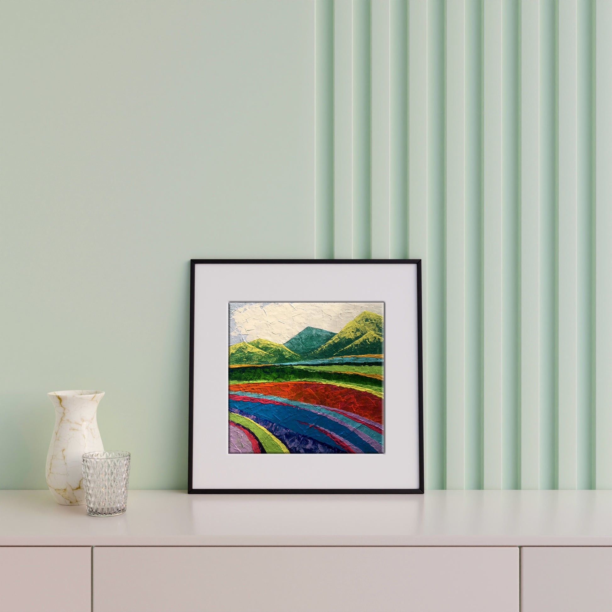 Oil painting Big mountains V. Zadorozhnya in black frame with white matting