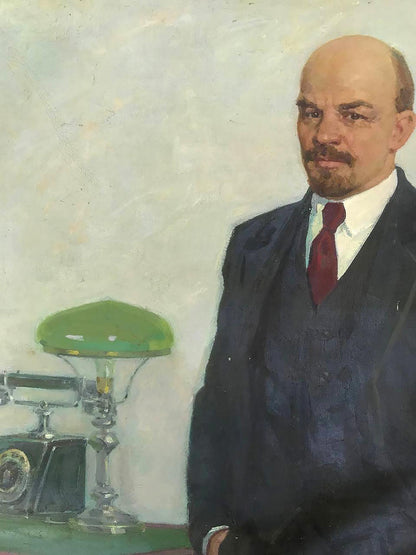 Vintage green glass lamp with silver base in Lenin Bilan Petr Ilyich portrait