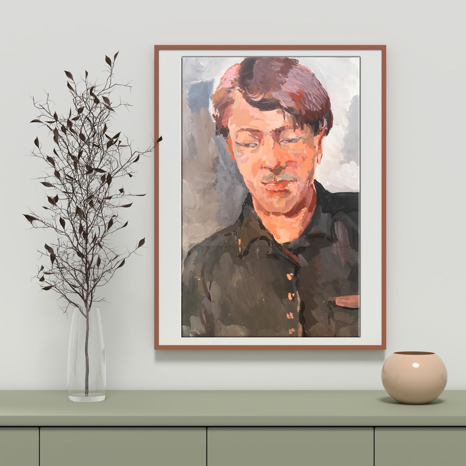 Watercolor portrait of Alexander Arkadievich Litvinov in dark shirt, framed