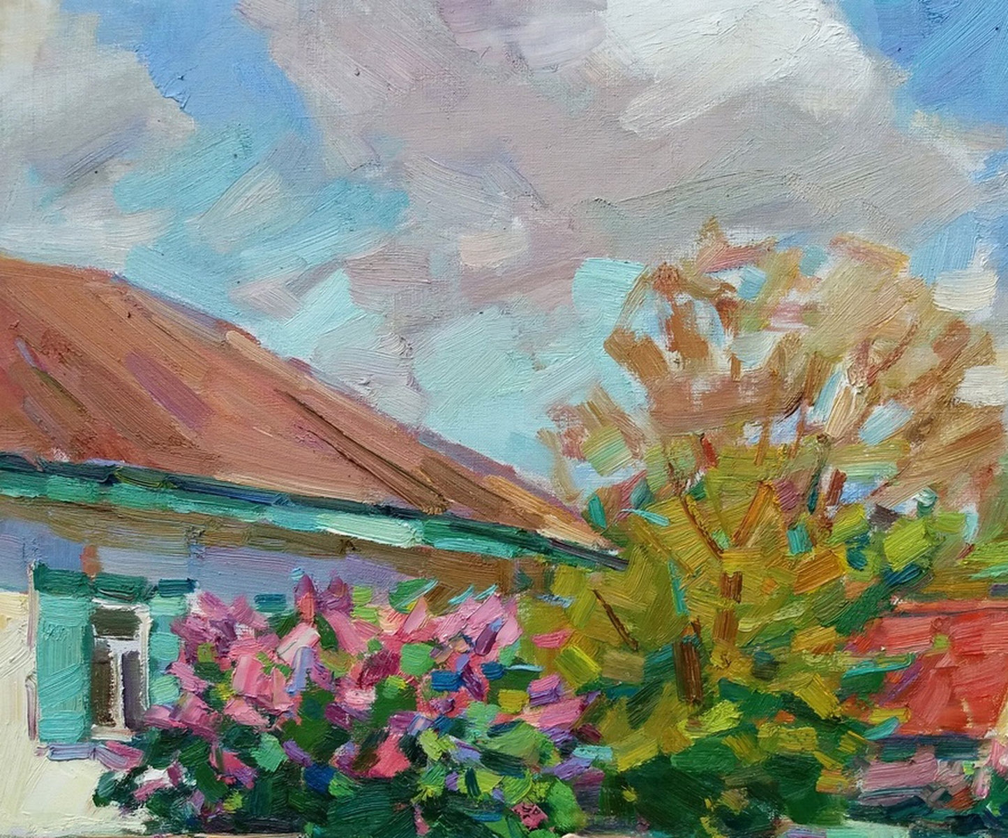 Oli painting May Village landscape  Pereta Vyacheslav
