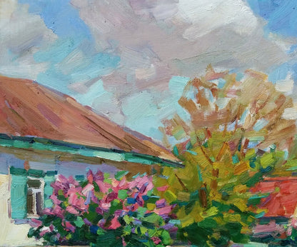 Oli painting May Village landscape  Pereta Vyacheslav