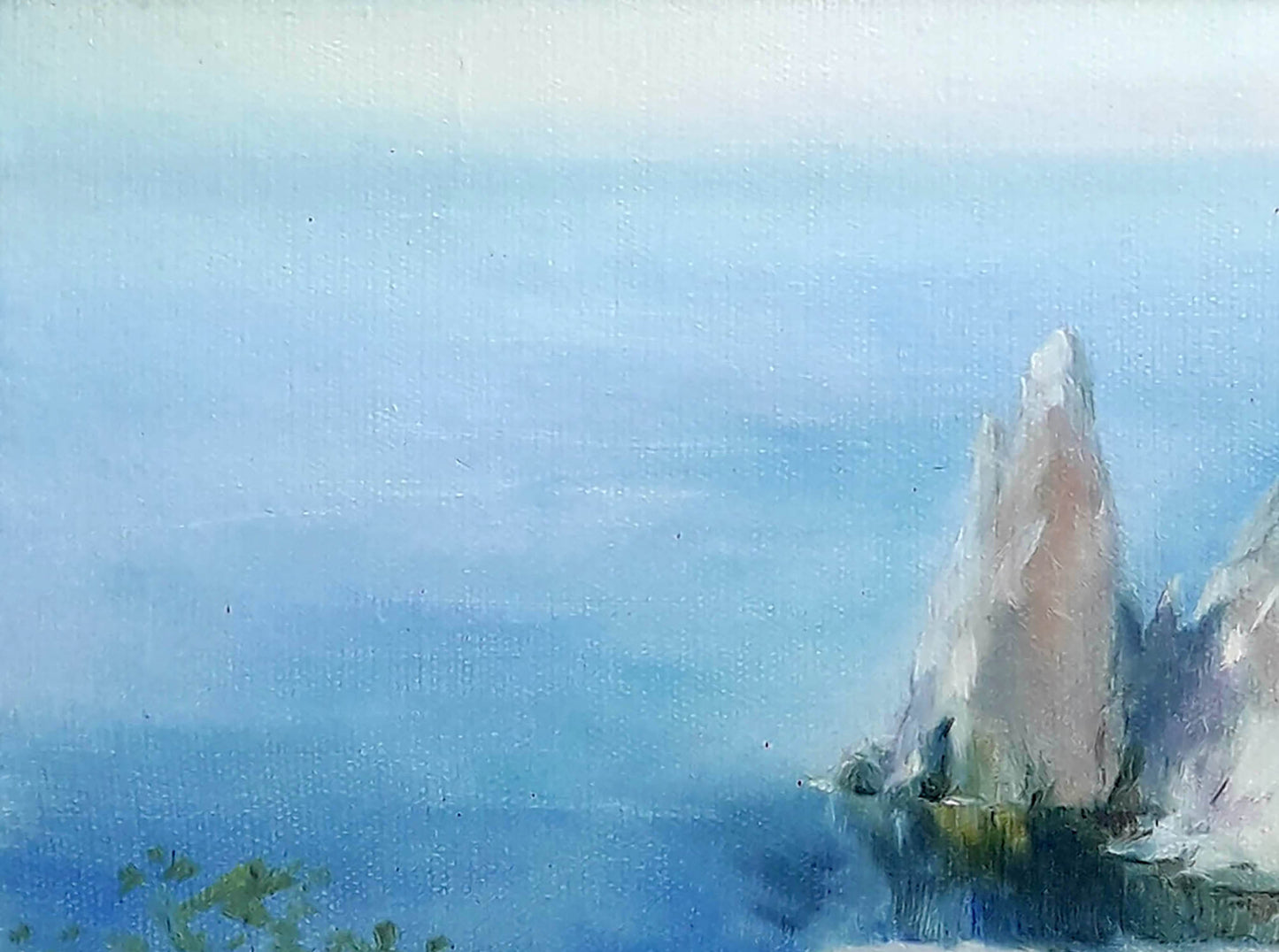 Oil painting by Korkishko Vasily: solitary white cliff in calm blue waters