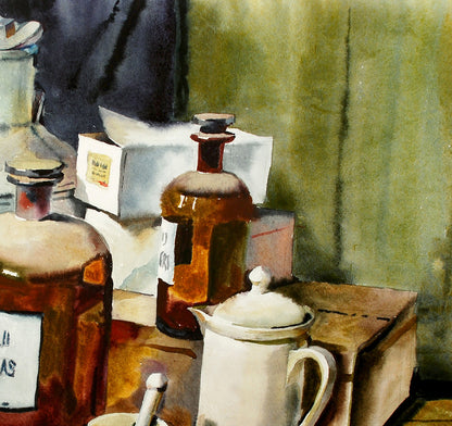 Amber glass apothecary bottle by Egor Shvachunov watercolor painting