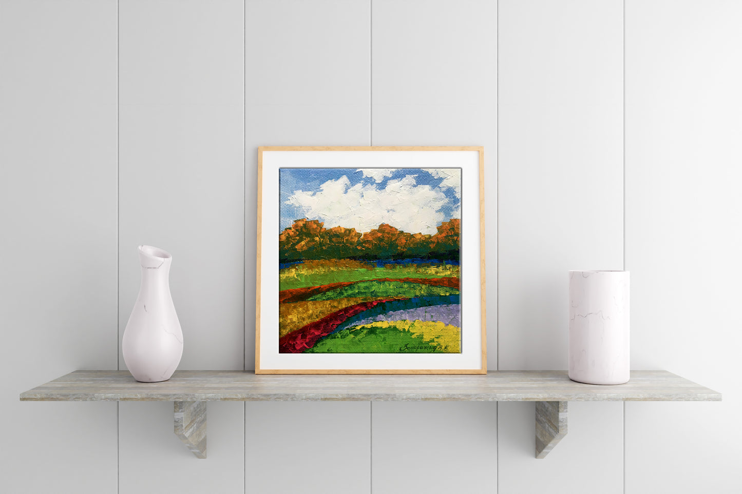 Oil painting Autumn morning V. Zadorozhnya in light wood frame