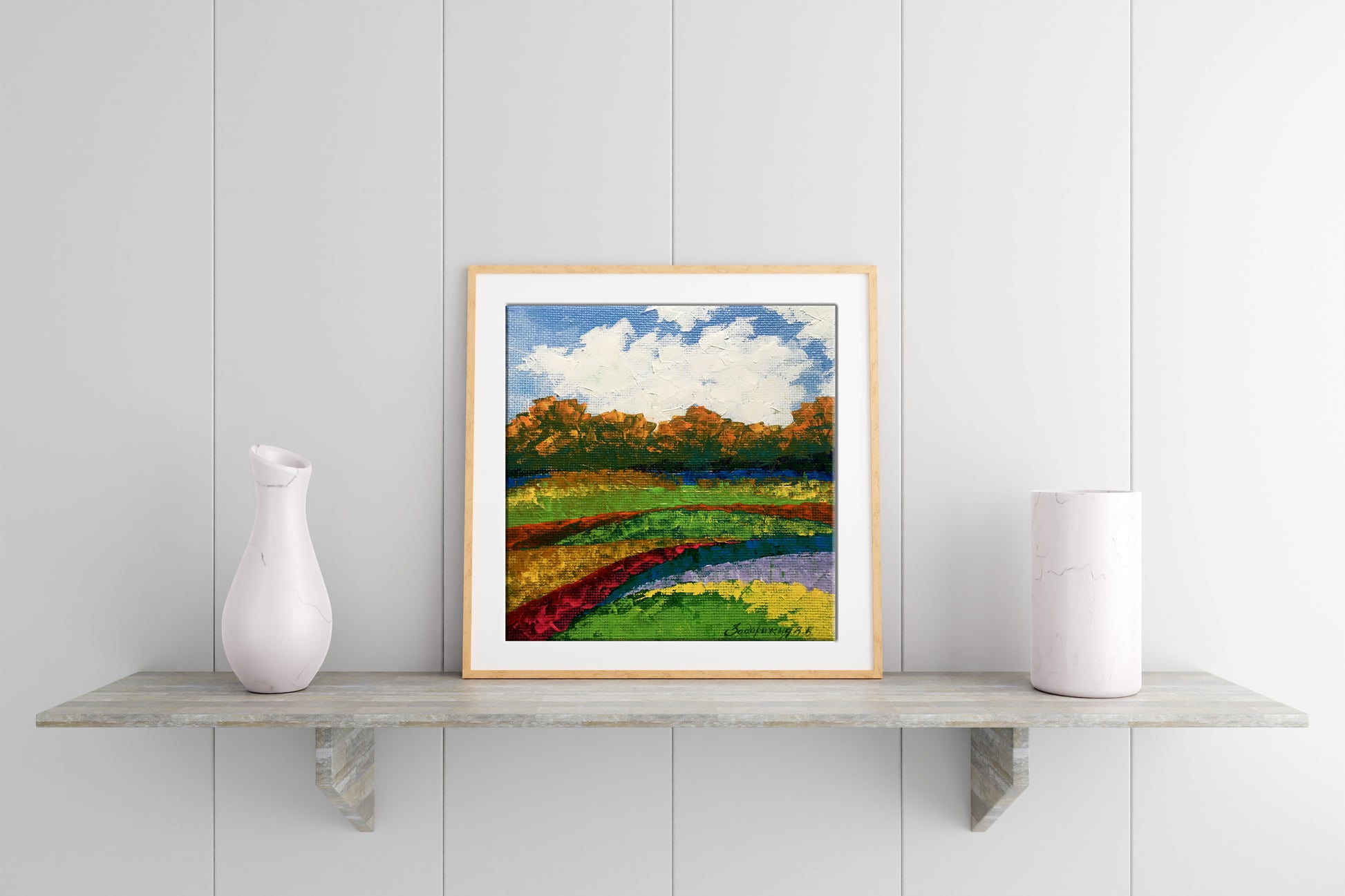 Oil painting Autumn morning V. Zadorozhnya in light wood frame