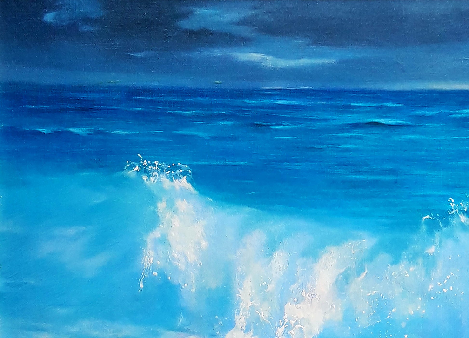 Oil painting Surf by Korkishko Vasily: dynamic ocean wave in vibrant blues