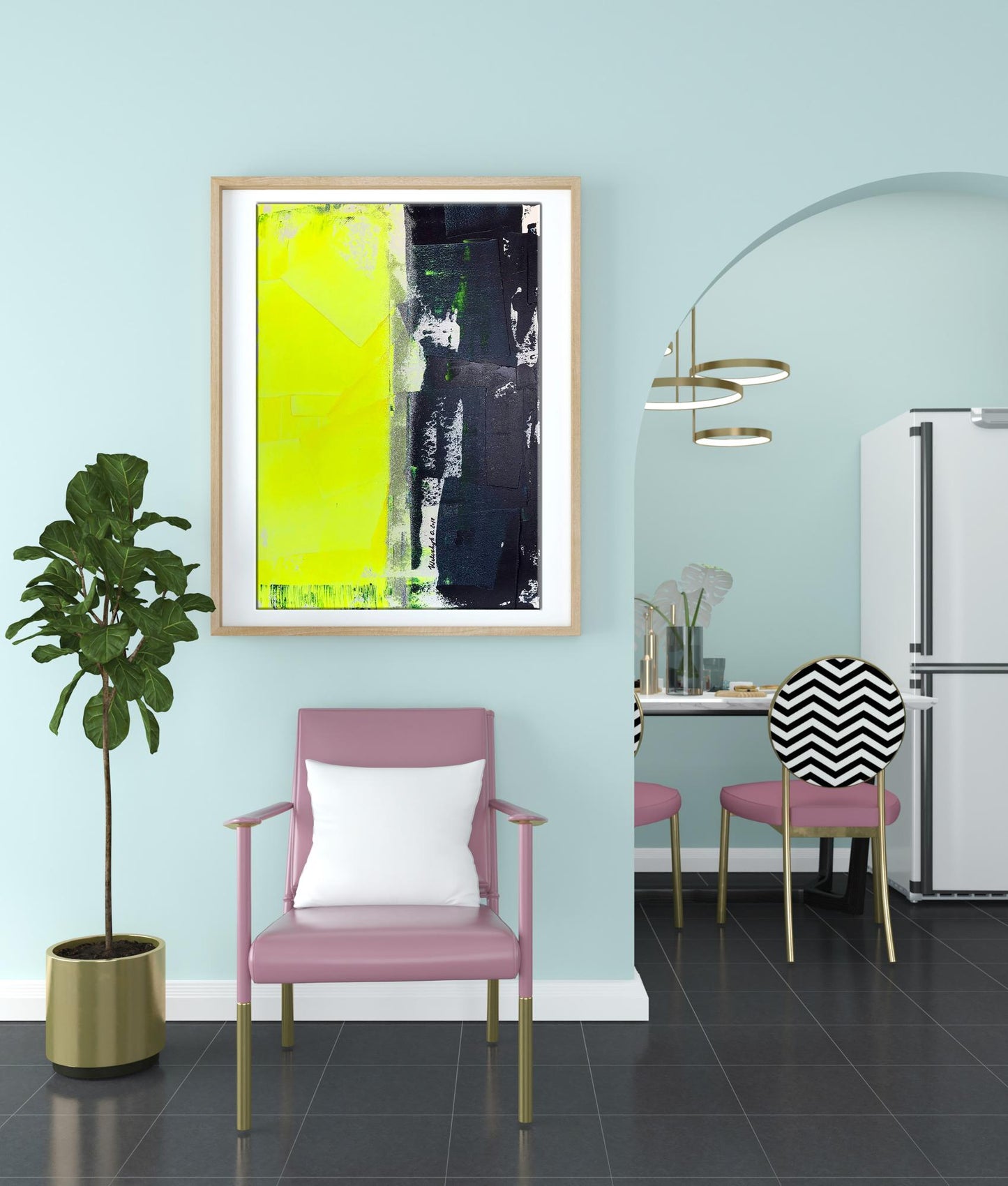 Pink leather armchair with gold legs, white cushion, Energy of love painting by Melezhik Olga