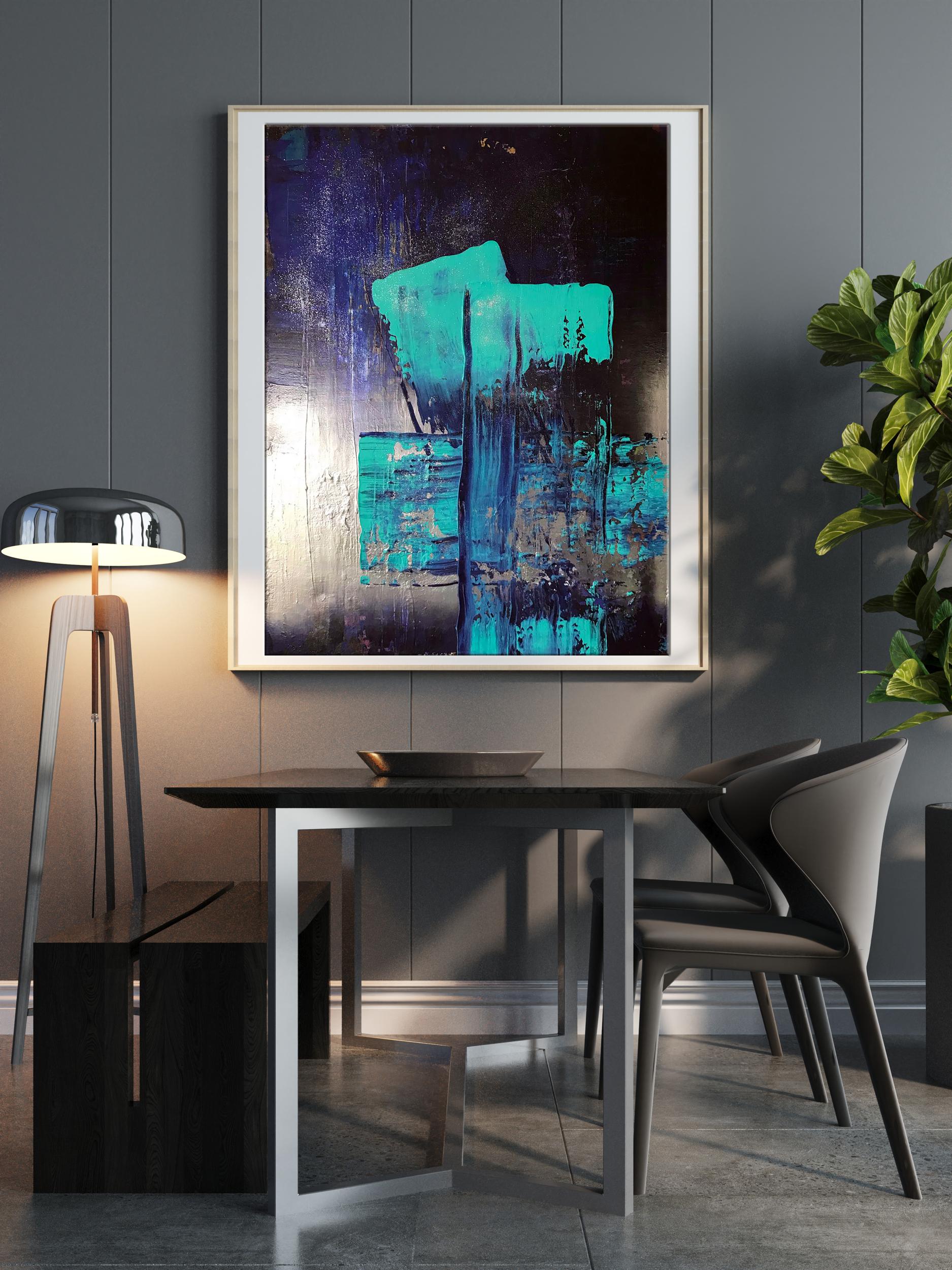 Acrylic painting Equilibrium by Melezhik Olga, teal blue abstract in white frame