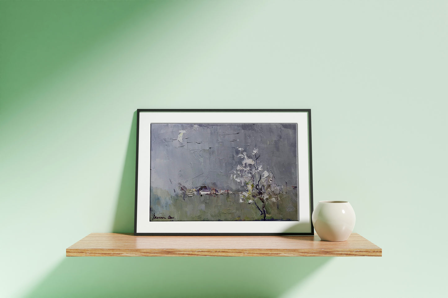 Oil painting Spring morning by Ivanyuk Oksana: gray white textured tree blossoms