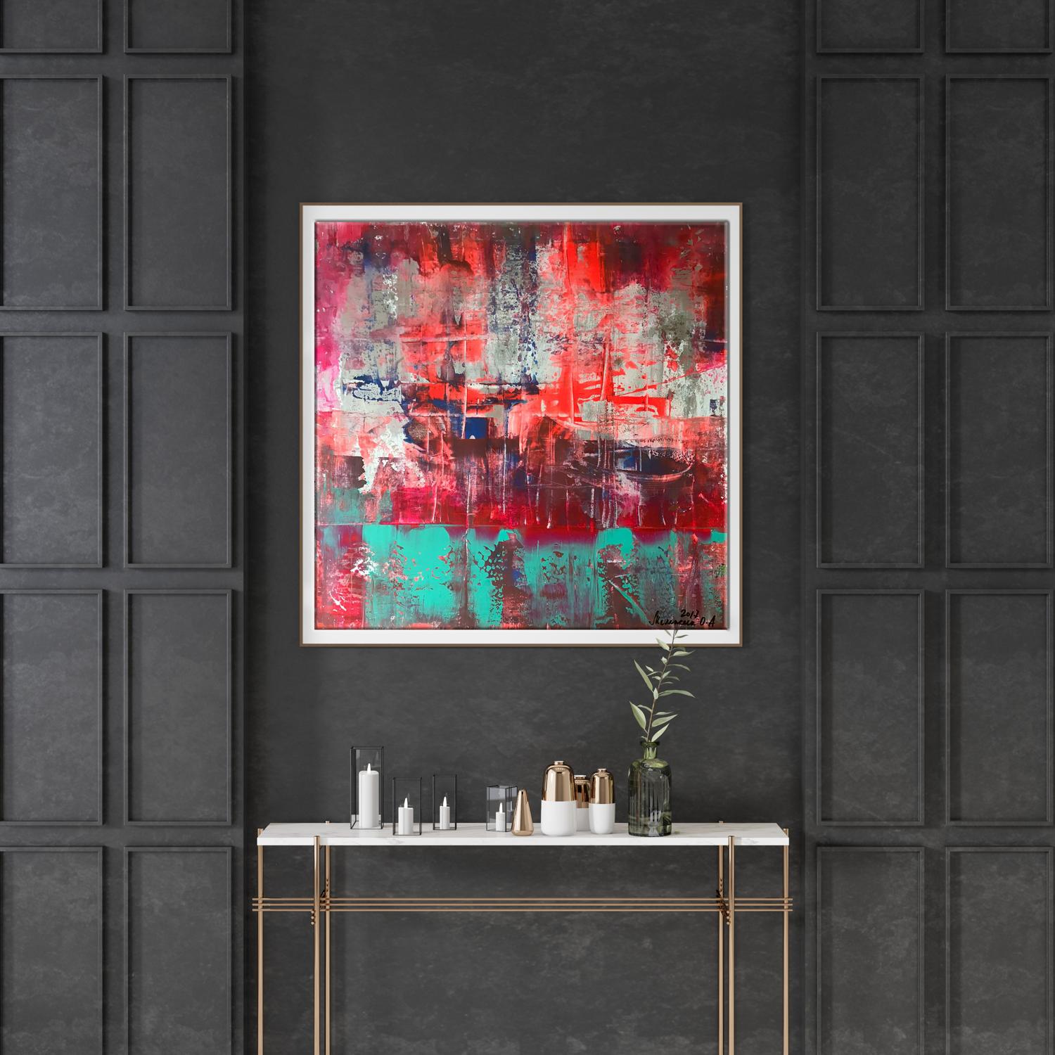 Vibrant acrylic painting Berth Melezhik Olga with red teal gray strokes on dark wall