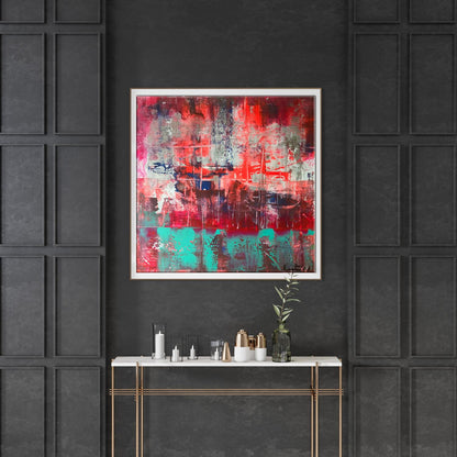 Vibrant acrylic painting Berth Melezhik Olga with red teal gray strokes on dark wall