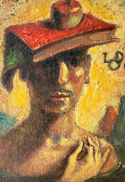 Oil painting self-portrait by Litvinov Daniil Olegovich with vibrant red textured hat