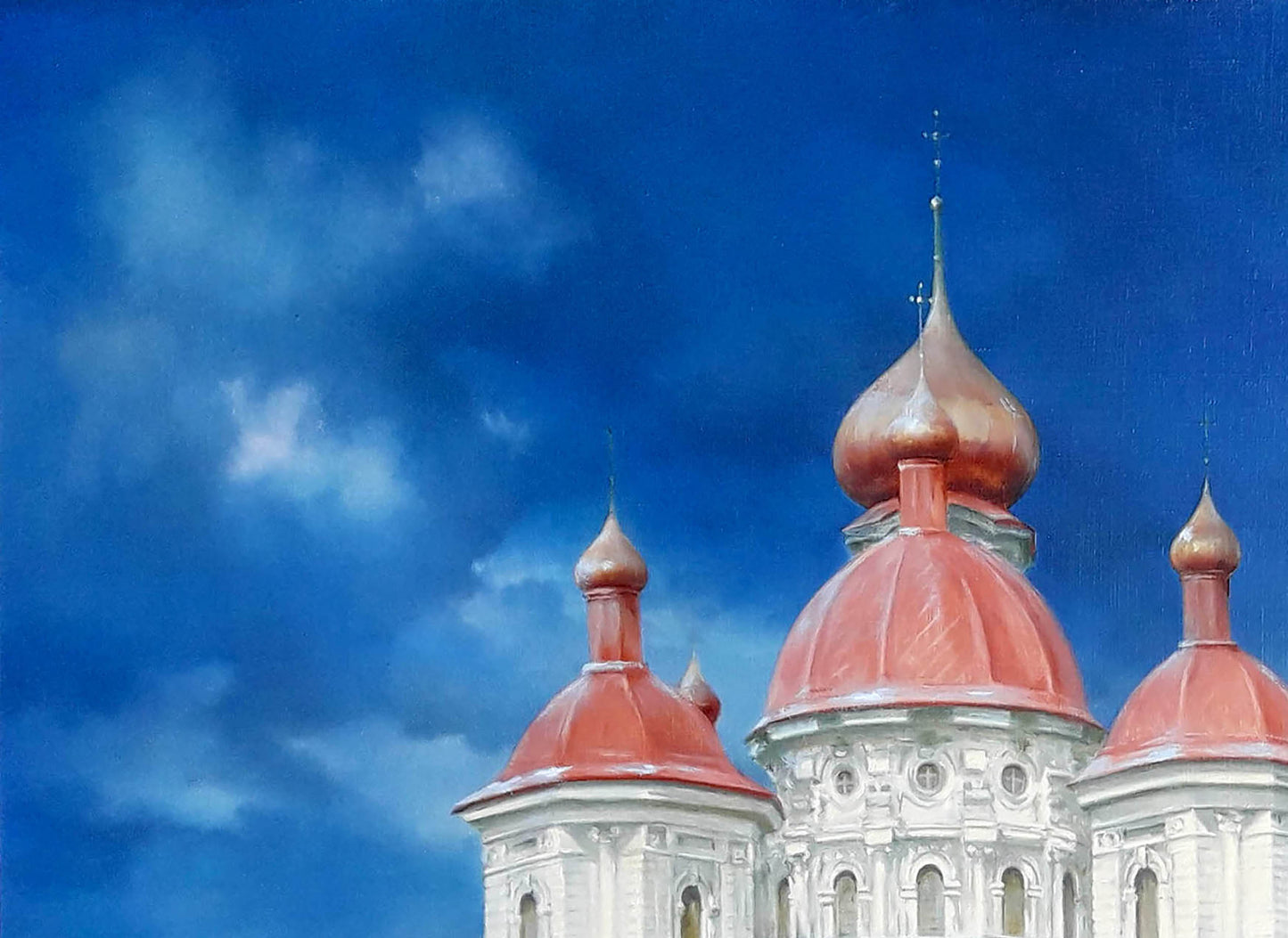 Red onion-domed Nikolaev Church spires, Bryansk oil painting by Korkishko Vasily