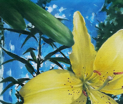 Vibrant yellow day-lily oil painting by Vasily Korkishko on blue sky