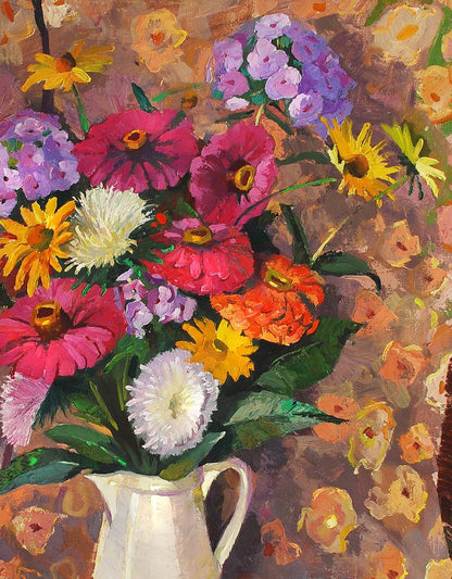 Oil painting of vibrant flowers in white vase by Egor Shvachunov