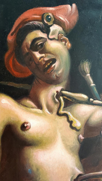Surreal oil painting portrait of nude artist Litvinov Daniil Olegovich with orange beret