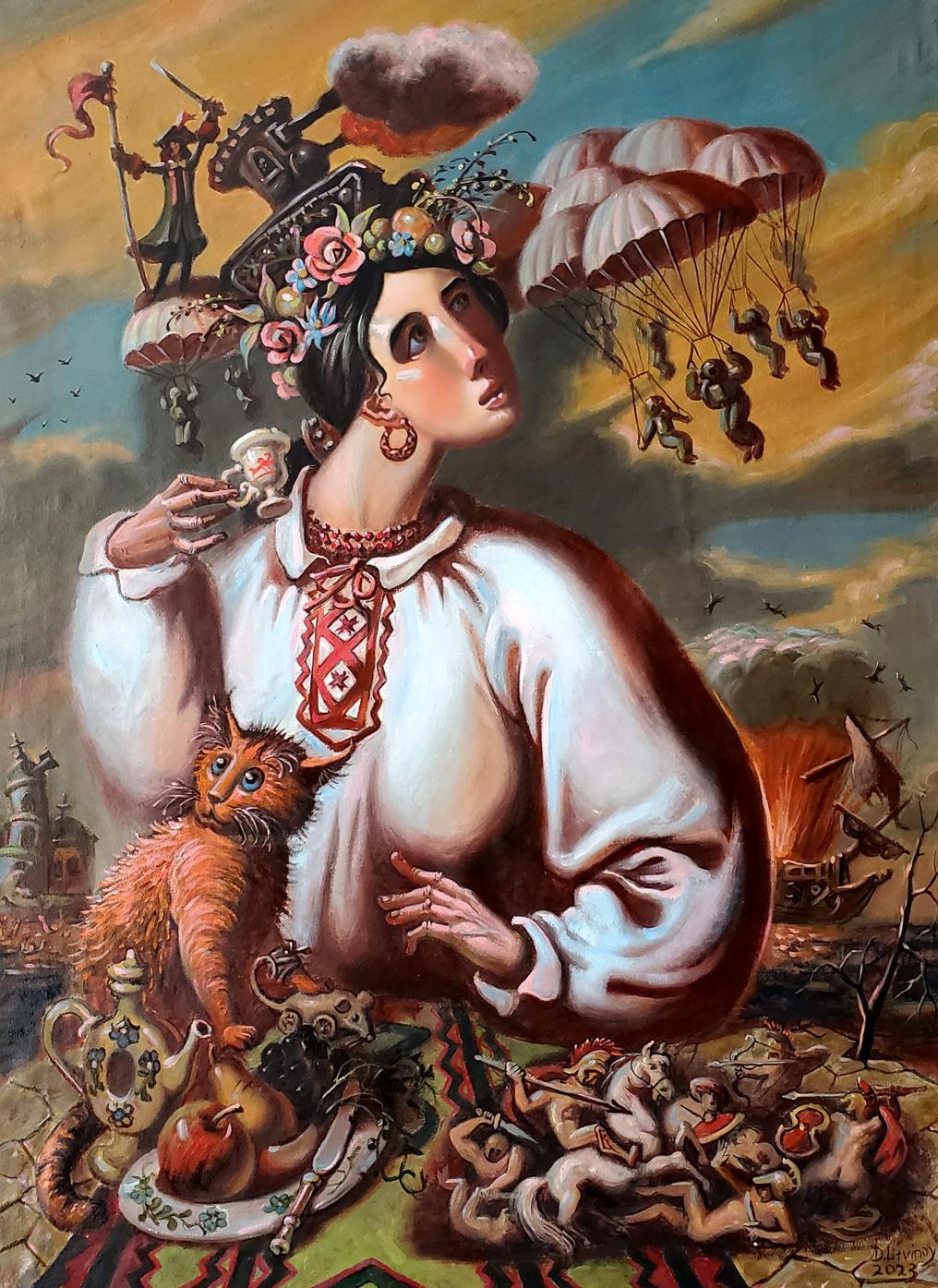 Oil painting Morning in Ukraine by Litvinov Daniil Olegovich: woman with cat holds teacup
