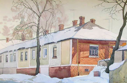 Watercolor painting Winter Cityscape Valery Savenets