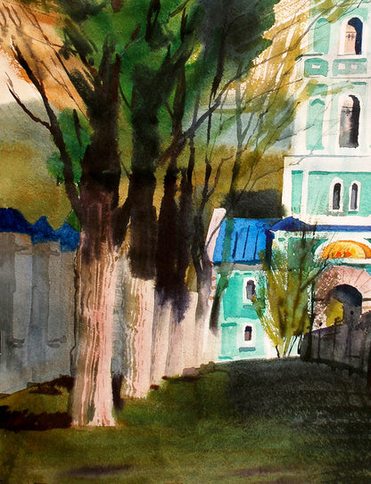Watercolor painting of Egor Shvachunov church landscape with green building and trees