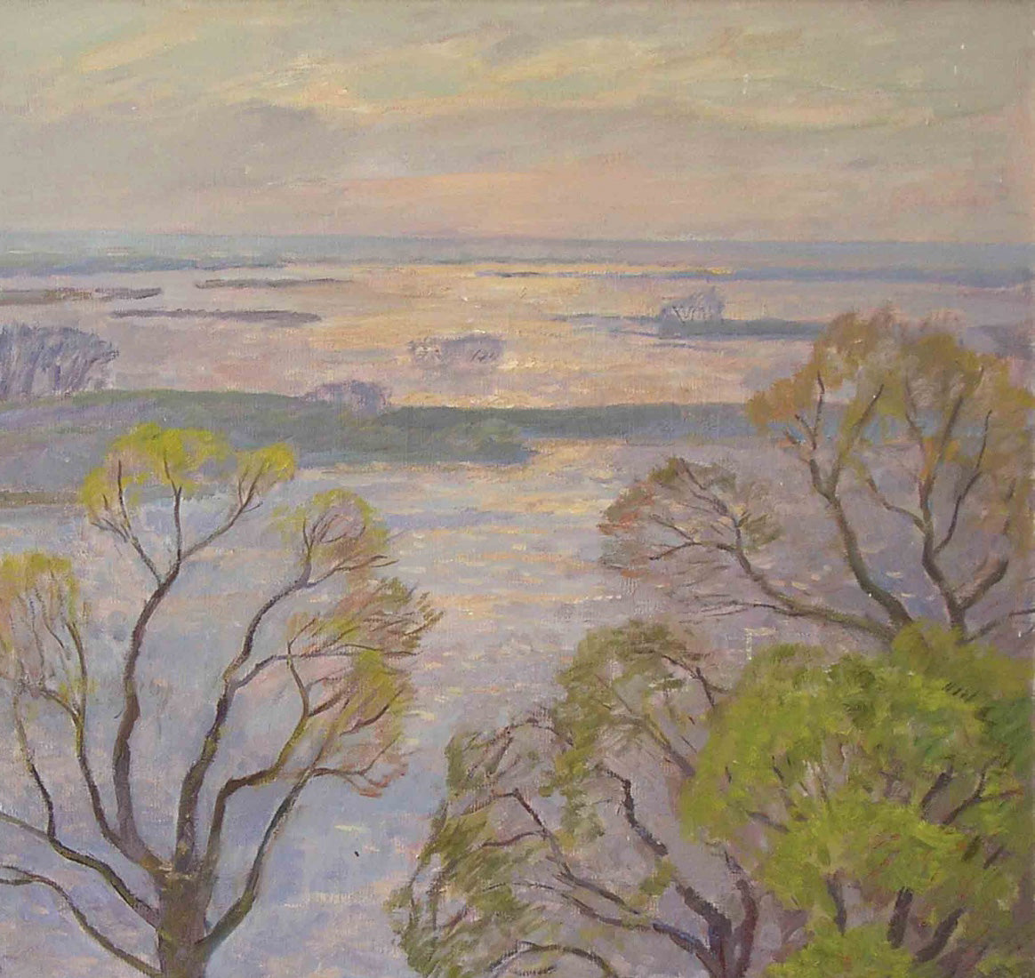 Pastel oil painting Flood by Rapoport Boris Naumovich, tranquil trees and sky