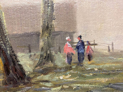 Textured oil painting by Shariy Anatoly Ivanovich of three figures walking through misty woods on the lake