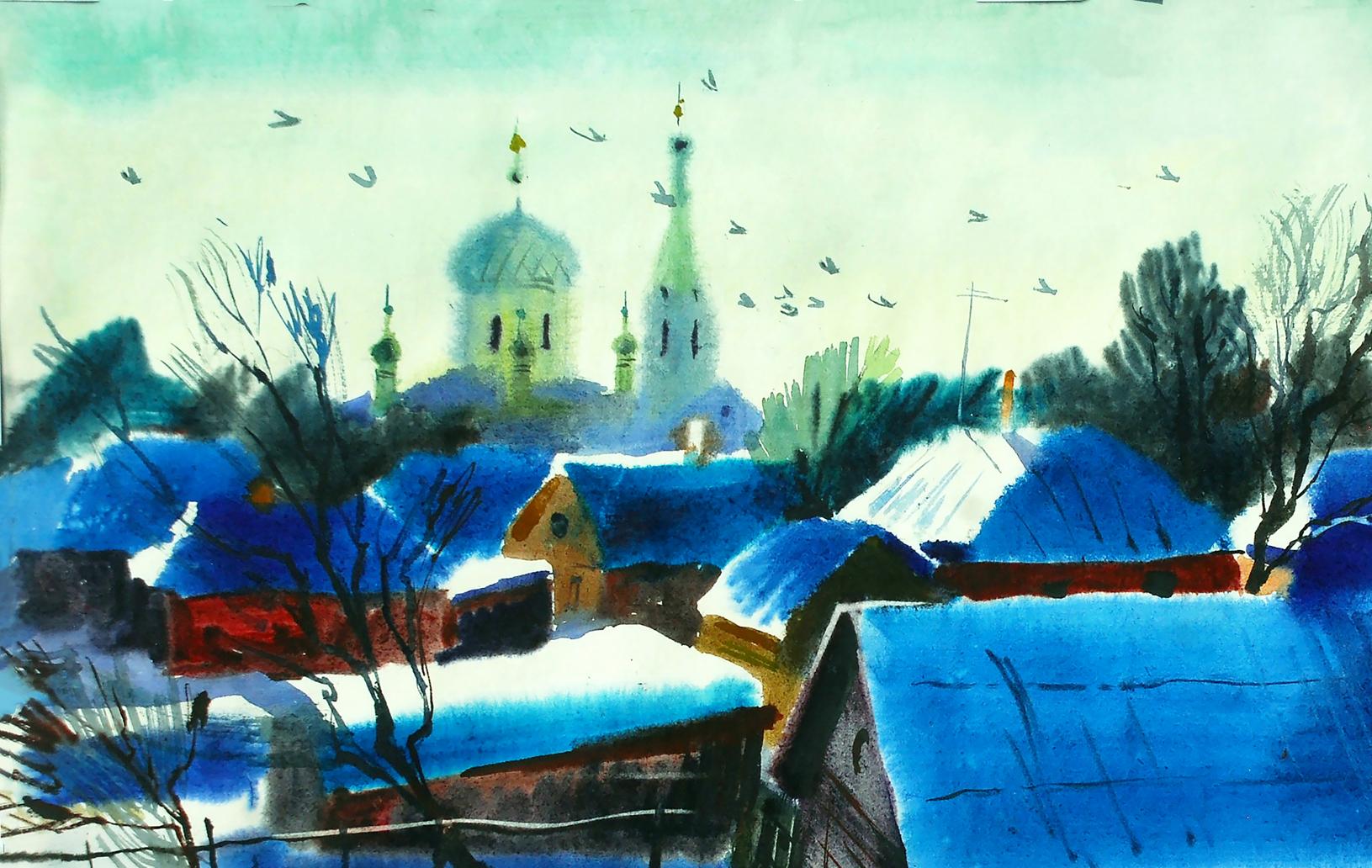 Watercolor painting Winter in Lebedyn by Egor Shvachunov snowy village
