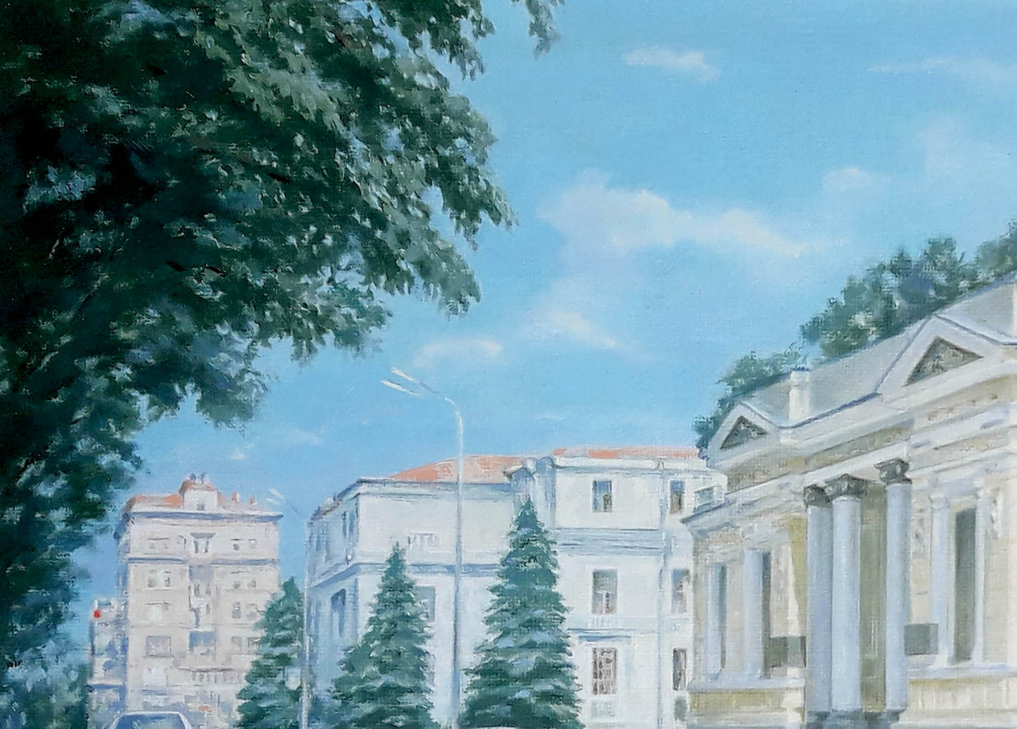Light blue watercolor city street with green trees, classical Dnipro museum by Korkishko Vasily