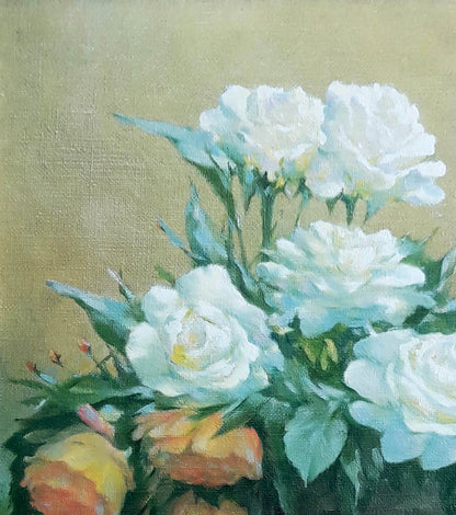 Oil painting of white and yellow roses in vase by Vasily Korkishko