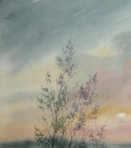 Watercolor painting Sunset Nature Landscape Savenets Valery