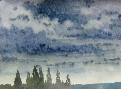Valery Savenets' watercolor artwork titled "Clouds are Coming"