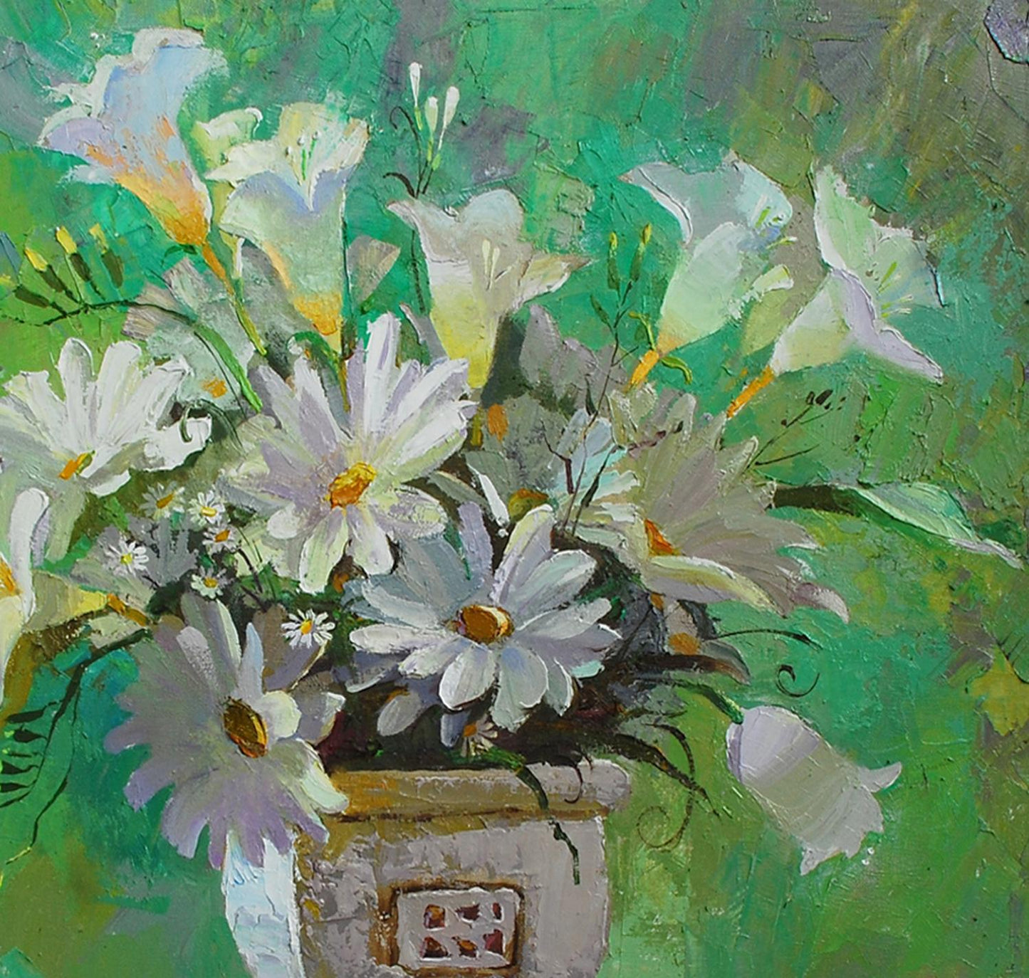 Oil painting Daisies by Egor Shvachunov: gray textured vase with lilies, daisies