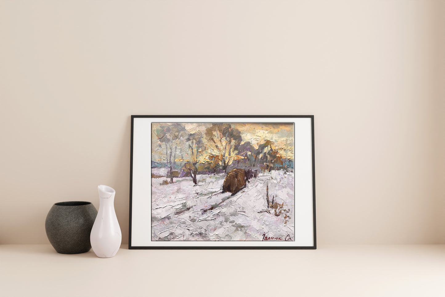 Framed Alex Ivanyuk oil painting of snowy landscape with textured brushstrokes
