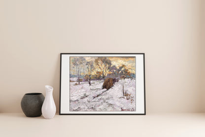 Framed Alex Ivanyuk oil painting of snowy landscape with textured brushstrokes