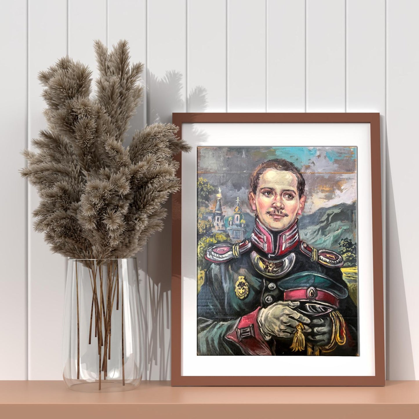 Oil painting of pensive portrait of officer Alexander Litvinov in ornate uniform