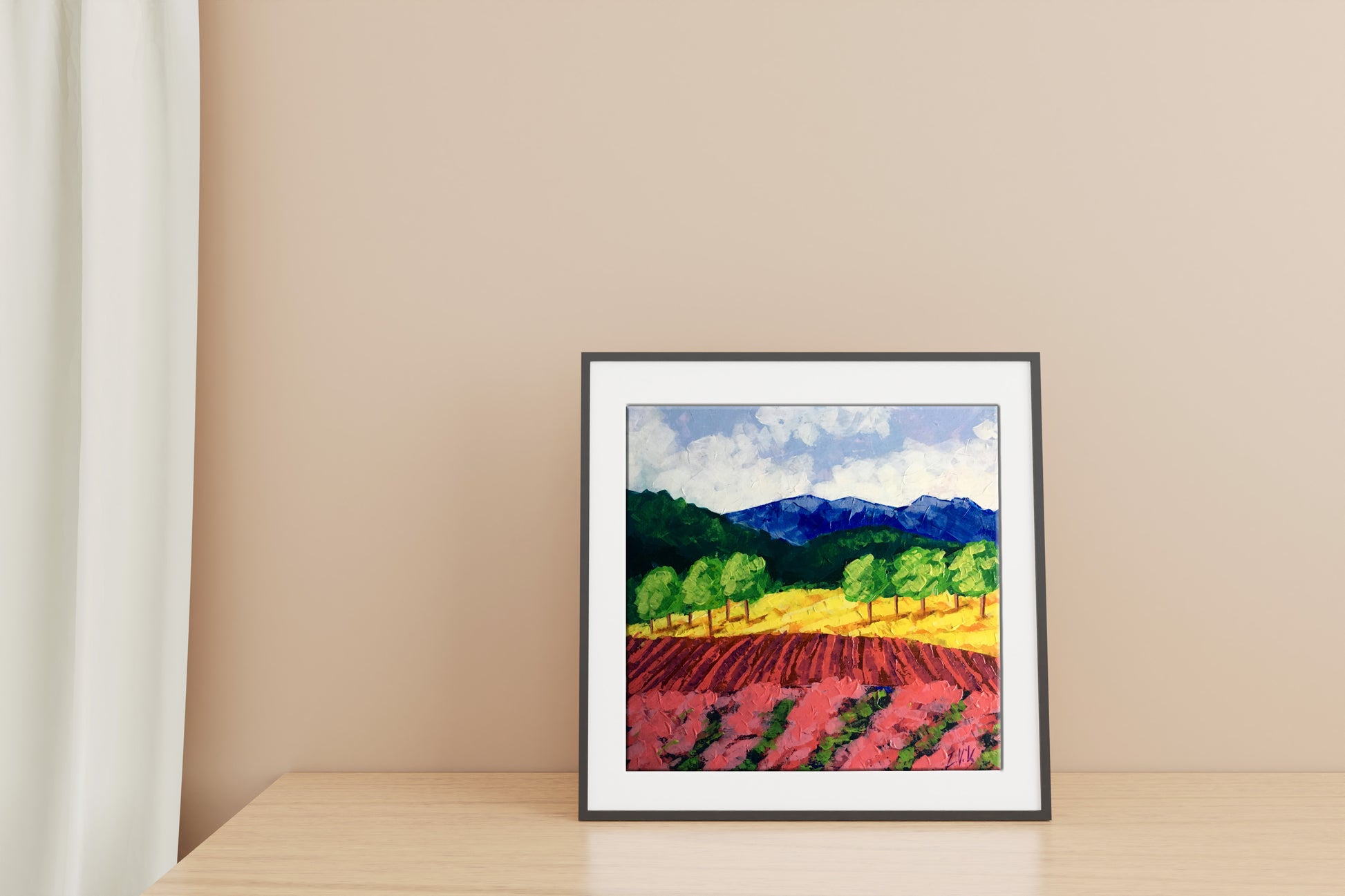 Oil painting Vineyards in forested mountains by V. Zadorozhnya