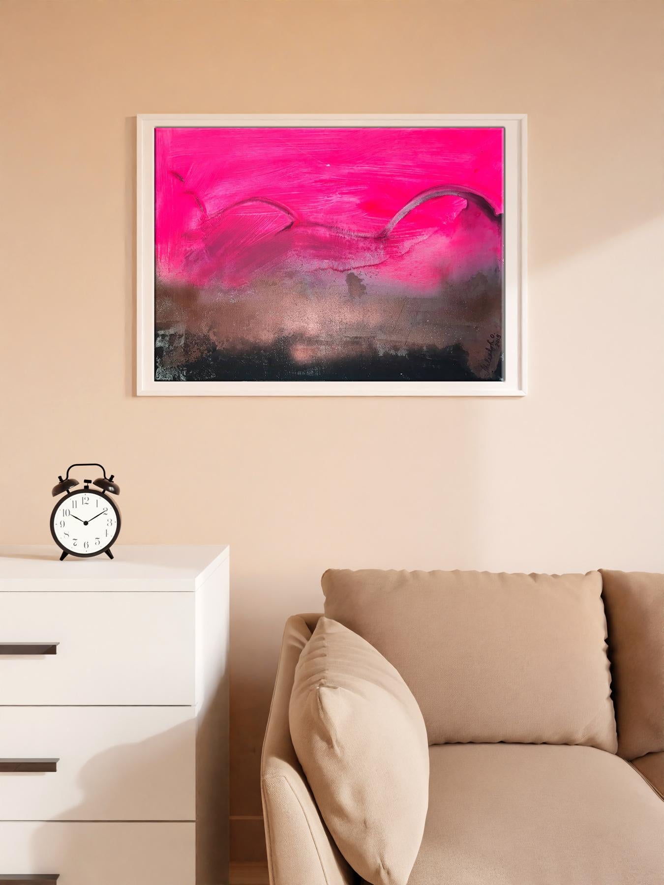 Vibrant pink and dark gray abstract acrylic painting by Melezhik Olga in white frame