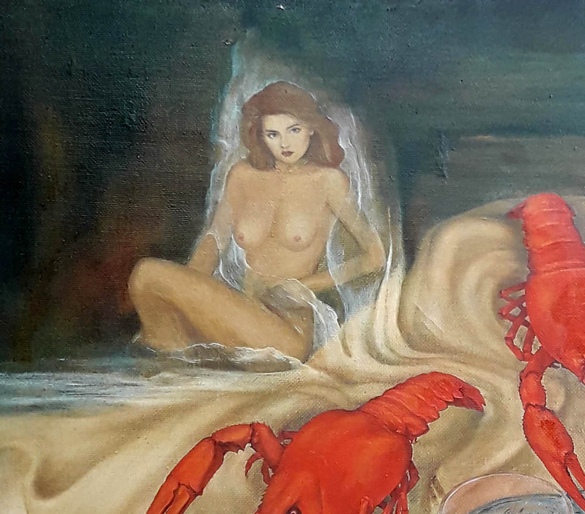 Oil painting of vibrant red lobster by Korkishko Vasily