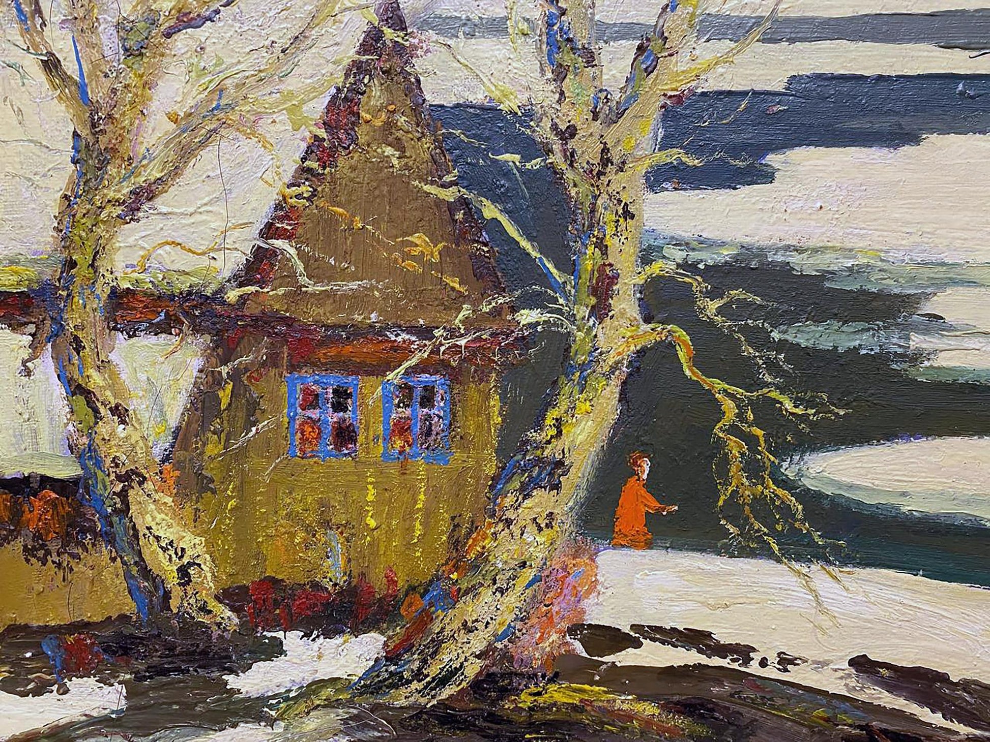 Oil painting by Shariy Anatoly Ivanovich: rustic yellow house in snowy woods