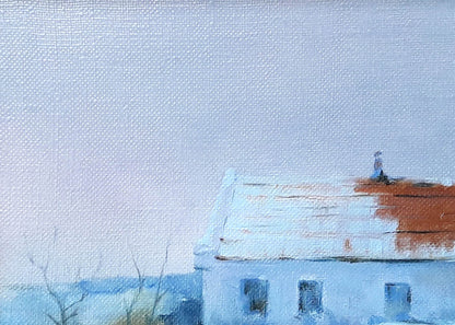 Oil painting of snow-covered house by Vasily Korkishko, soft blue with white roof