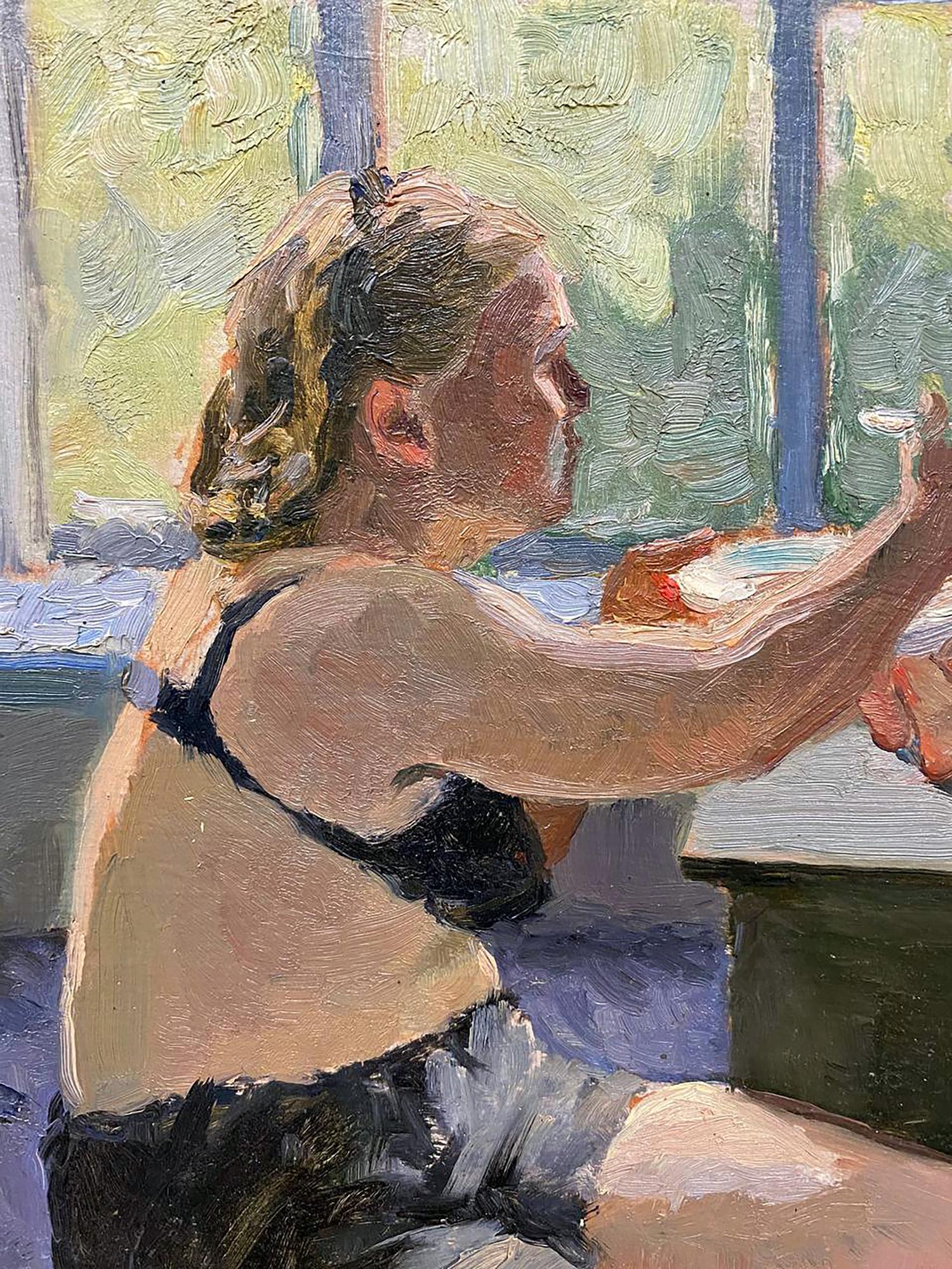 Oil painting by Tkachenko Evgeny Nikolaevich: woman in black bra and shorts at table with food