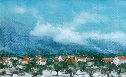 Serene oil painting of Vasily Korkishko resort town near sea with white houses