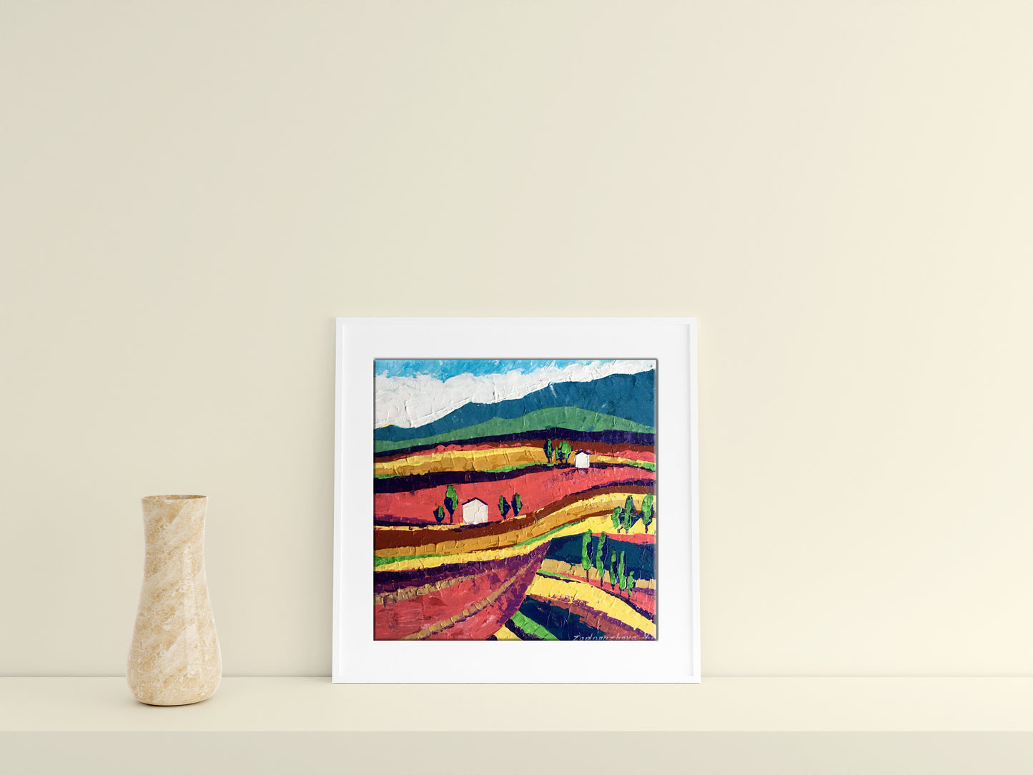 White-framed V. Zadorozhnya oil painting of colorful fields on sunny day