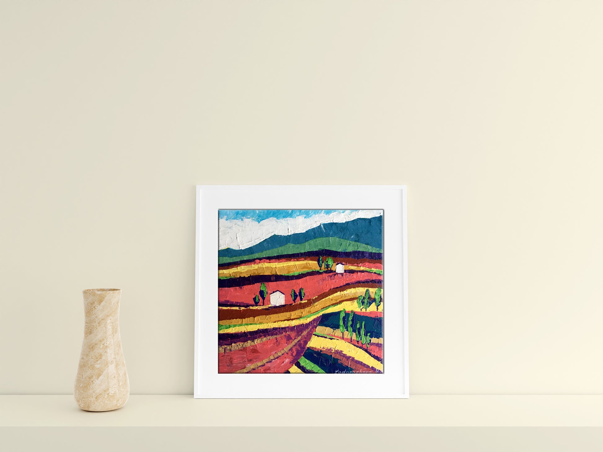White-framed V. Zadorozhnya oil painting of colorful fields on sunny day
