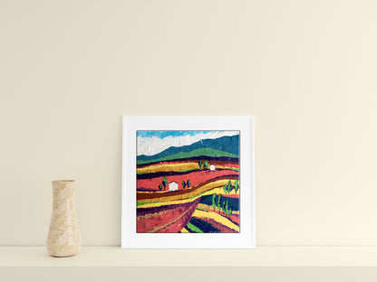 White-framed V. Zadorozhnya oil painting of colorful fields on sunny day