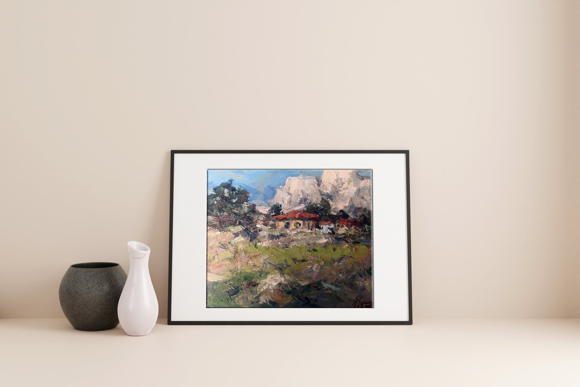 Oil painting village mountains 